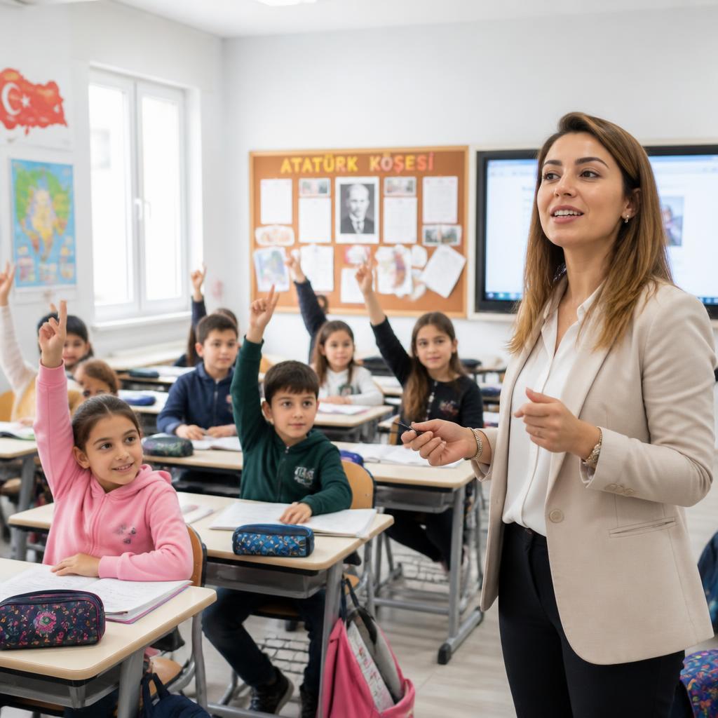 Modern sınıfta eğitim veren Türk öğretmen ve öğrenciler