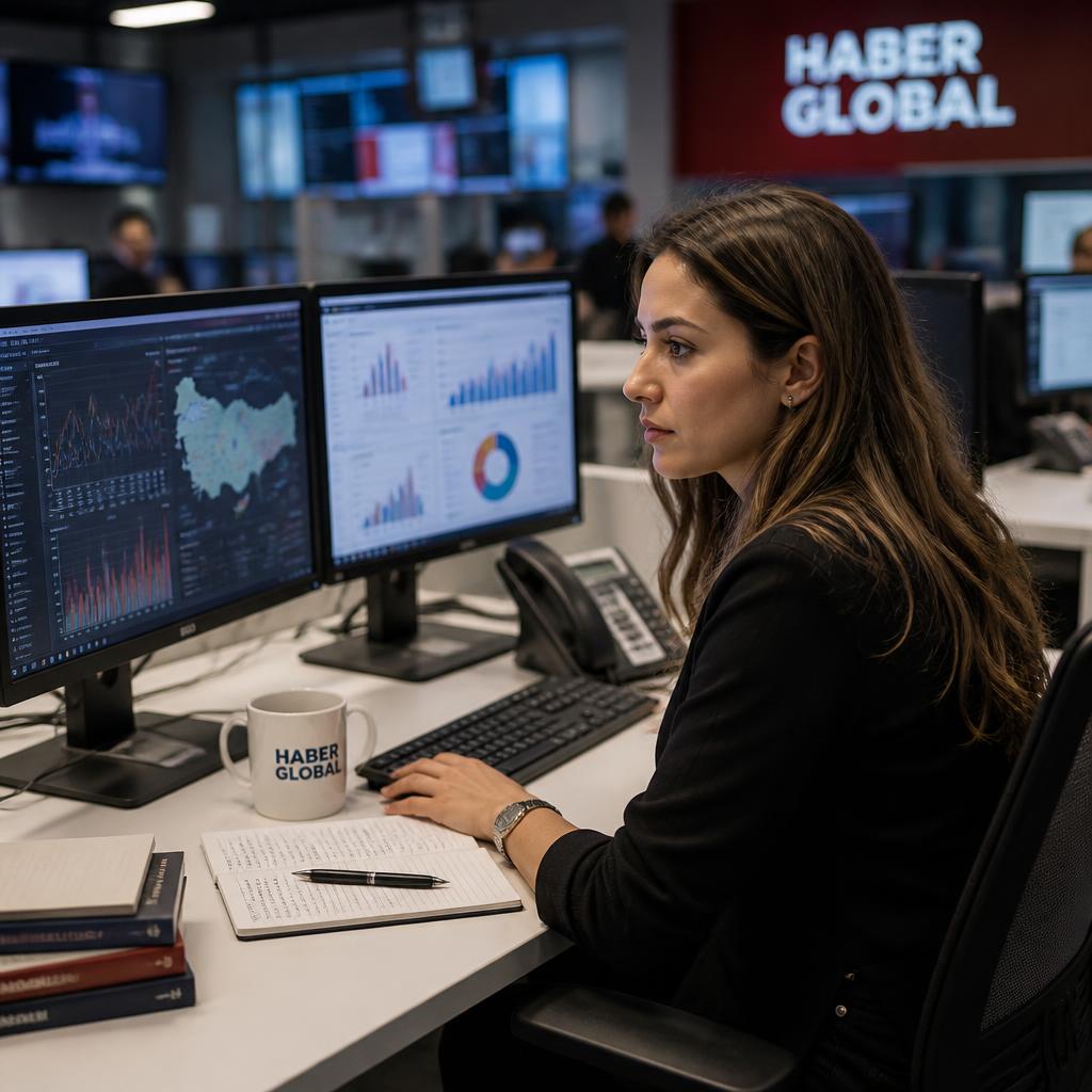 Haber merkezinde göç politikası verilerini inceleyen modern Türk editör